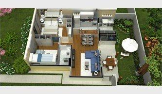 planta de casas com 2 quartos sendo 1 suite 3d