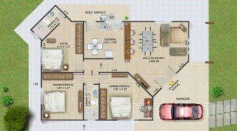 planta de casas com 2 quartos sendo 1 suite e garagem