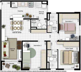 plantas de casas 60m2 com 2 quartos