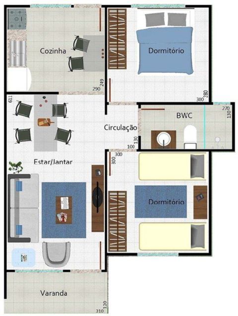 Planta de casa com 2 quartos