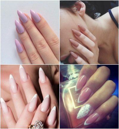 unhas stiletto com esmaltes claros