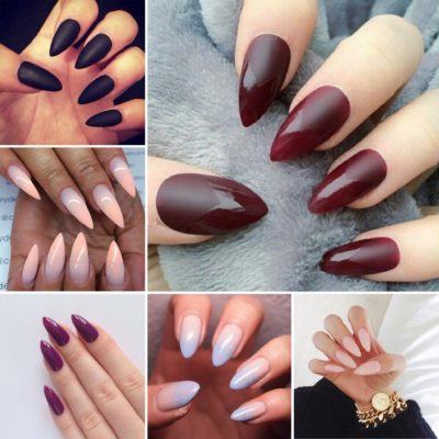 unhas stiletto cores fortes e delicadas