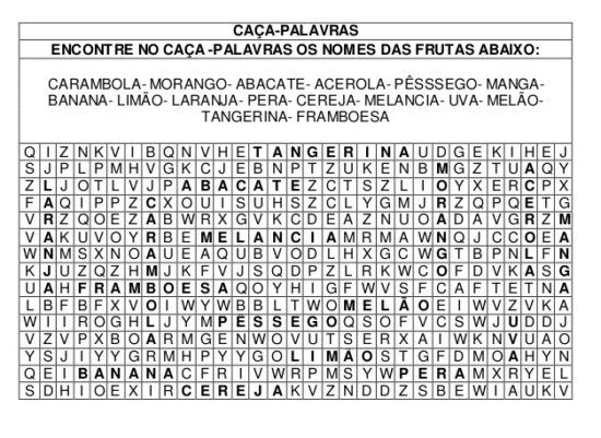 Caça Palavras Para Imprimir: Nomes de Frutas.