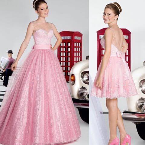 vestido de debutante rosa 2 em 1